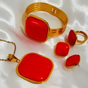 Women's Stainless Steel Red Necklaces,earrings,bracelets and rings Jewelry Set